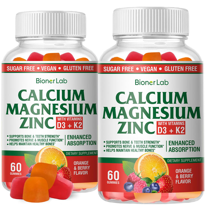 BionerLab Calcium Magnesium Zinc Gummies with Vitamin D3 & K2 - High Absorption Complex with Magnesium Glycinate Calcium Zinc Citrate for Bone Muscle & Immune Health - Sugar-Free Orange Berry Flavored 60 Count (Pack of 2)