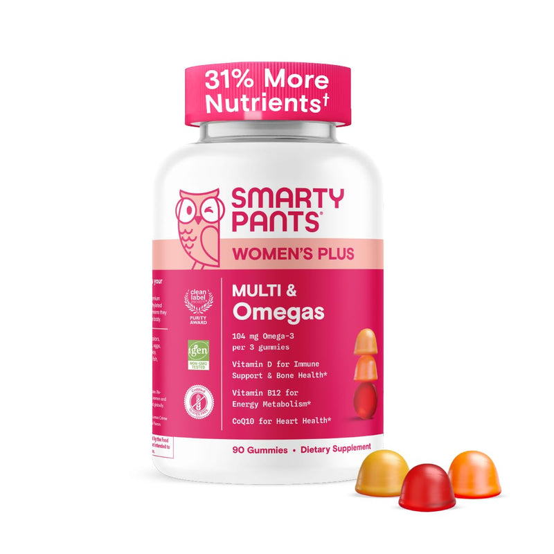 SmartyPants Women's Multivitamin Gummies - Improved Formula: Omega 3 (DHA/EPA), Methylfolate, CoQ10, Vitamin D3, C, Vitamin B12, B6, A, K & Zinc, Inositol, Gluten Free, 90 Count (30 Day Supply) New Formula 90 Count (Pack of 1)