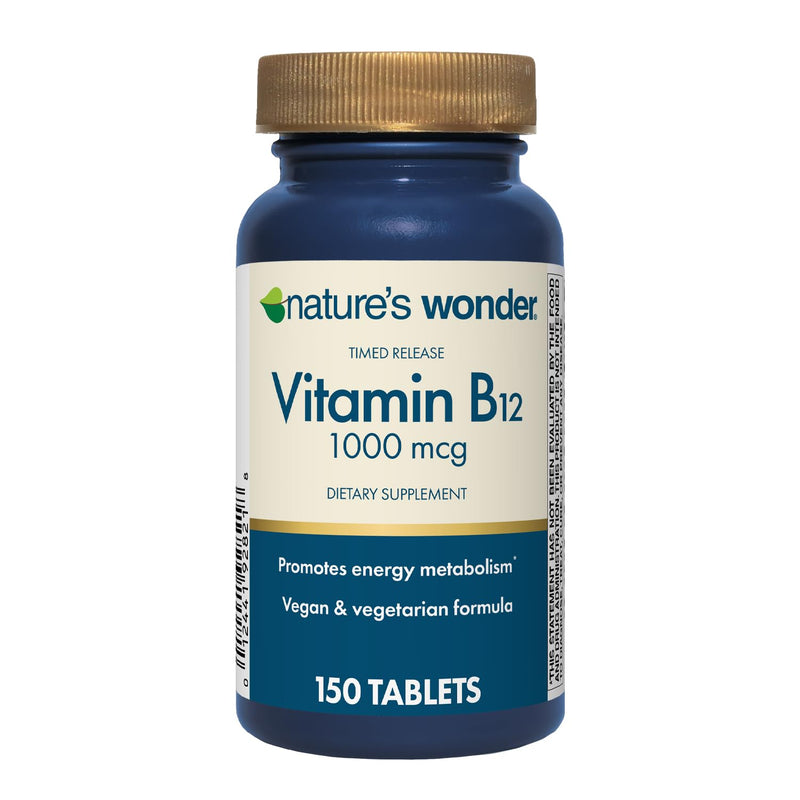 Nature's Wonder Vitamin B12 1000mcg Timed Release Steady Energy 150Tablets | Supports Red Blood Cell Production, Energy Metabolism, Brain & Nervous System Health for Women & Men, Gluten-Free, 150 Days 150 Count (Pack of 1)