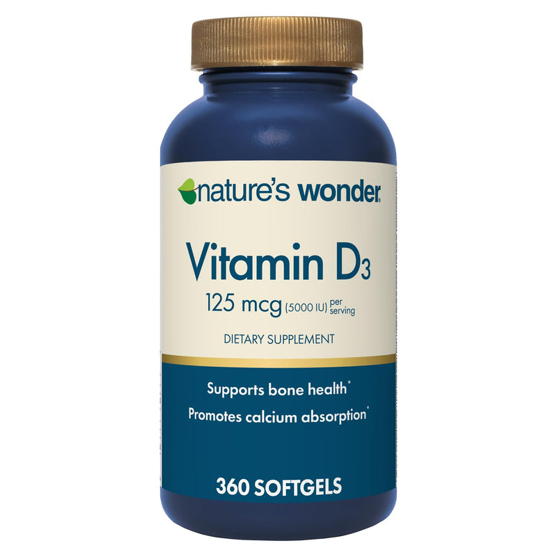 Nature's Wonder Vitamin D3 5000 IU High Potency, Gluten-Free, 360 Softgels | 125mcg, Daily Bone Health, Calcium Absorption & Immune System Support Supplement for Women & Men, Gluten-Free, 1 Year Supply 360 Count (Pack of 1)