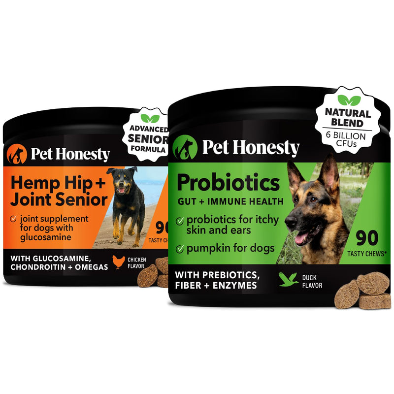 Senior Hemp Hip & Joint Support & Probiotics Virtual Bundle: Mobility Supplement & Gut Health Chews for Dogs (Chicken & Duck 90 ct)