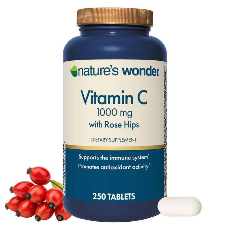 Nature's Wonder Vitamin C 1000mg with Rose Hips, High-Potency, 250 Tablets | Daily Immune & Antioxidant Support Supplement for Heart & Skin Health, Mood & Workout Recovery, Gluten-Free, 8 Month Supply