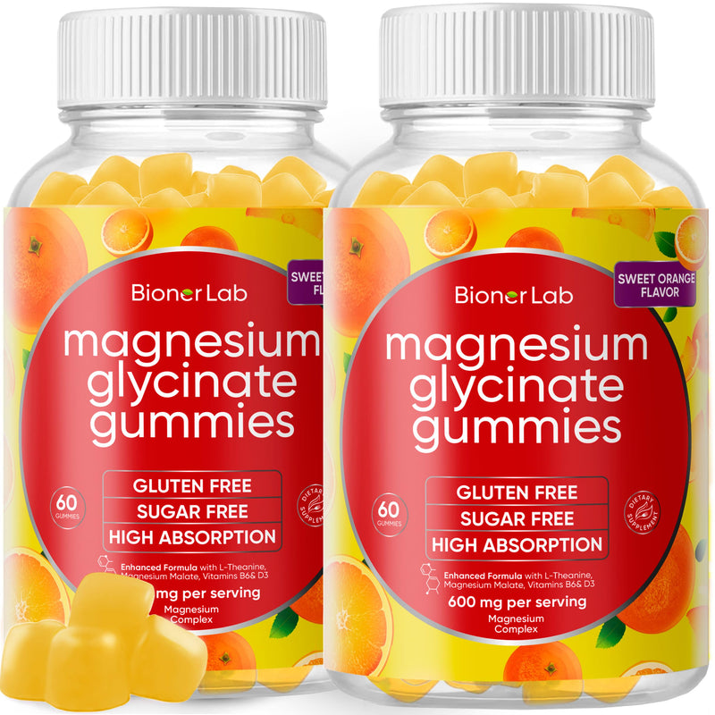 BionerLab Magnesium Glycinate Chewable Gummies (600mg) for Kids & Adults Women Men - Vegan Complex with Calcium Potassium Vitamin D B6 L-Theanine - Sugar & Gluten Free - Orange Flavor 60 Count (Pack of 2)
