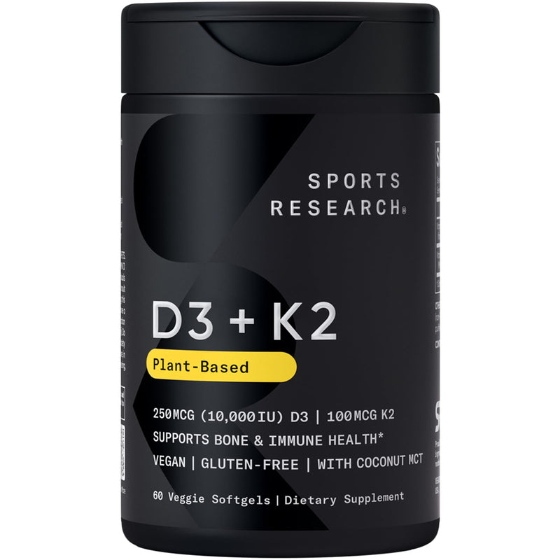 Sports Research® Vegan Vitamin D3 + K2 w/Coconut Oil, 60 Count Plantgels™ | Plant-Based Vitamin D 10,000iu/250mcg & Soy-Free Vitamin K 100mcg for Bone & Immune Support - Vegan Certified · Non-GMO