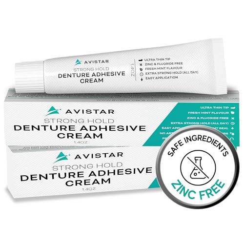 Extra Strong Denture Adhesive Cream, 12 Hour Hold Dental Glue, Waterproof, Zinc & Fluoride Free, Easy Apply Nozzle, Seals Food Out for Comfort, Mint Flavor (2 Pack, 2.8 Fl Oz) 2 Pack