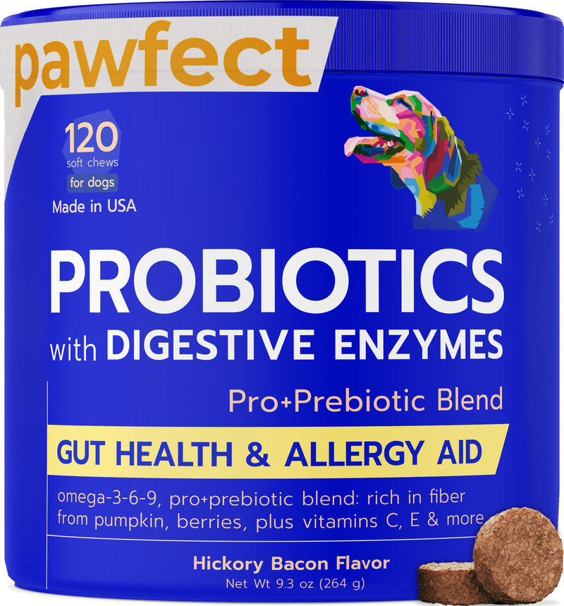 Vet Approved Probiotics & Digestive Enzymes for Dogs | Gut Health & Digestive Function Support | Pumpkin & Omega | Diarrhea, Seasonal Allergies & Itching | Prebiotic Supplement Chews Probiotics & Enzymes 120 Digestive Chews - BeesActive Australia