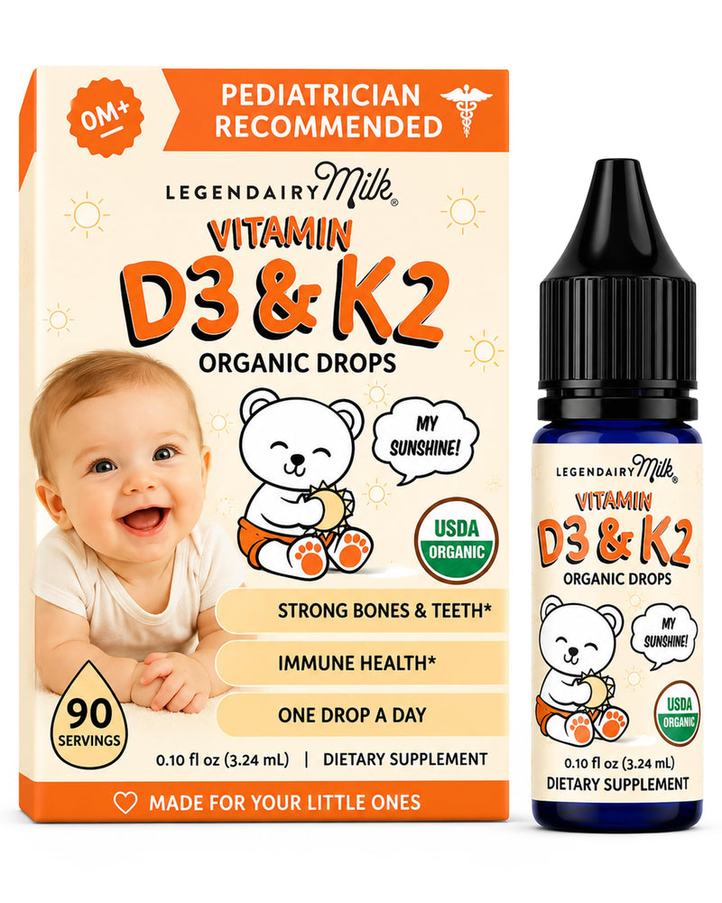 Legendairy Milk Organic Baby Vitamin D3 K2 Liquid Drops 400 IU 90 Servings | Plant based D3 plus K2 MK-7 for babies and toddlers in one daily drop; USDA Organic, vegan, sugar free and made lanolin-free.