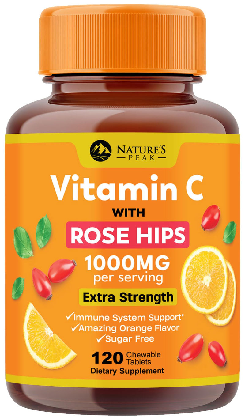 Vitamin C 1000mg Per Serving - Extra Strength Daily Immune Support with Rose Hips Chewable Supplement - Sugar Free Tasty Orange Flavor - Antioxidant & Collagen Support - USA Bottled - 120 Tablets 120 Count (Pack of 1)