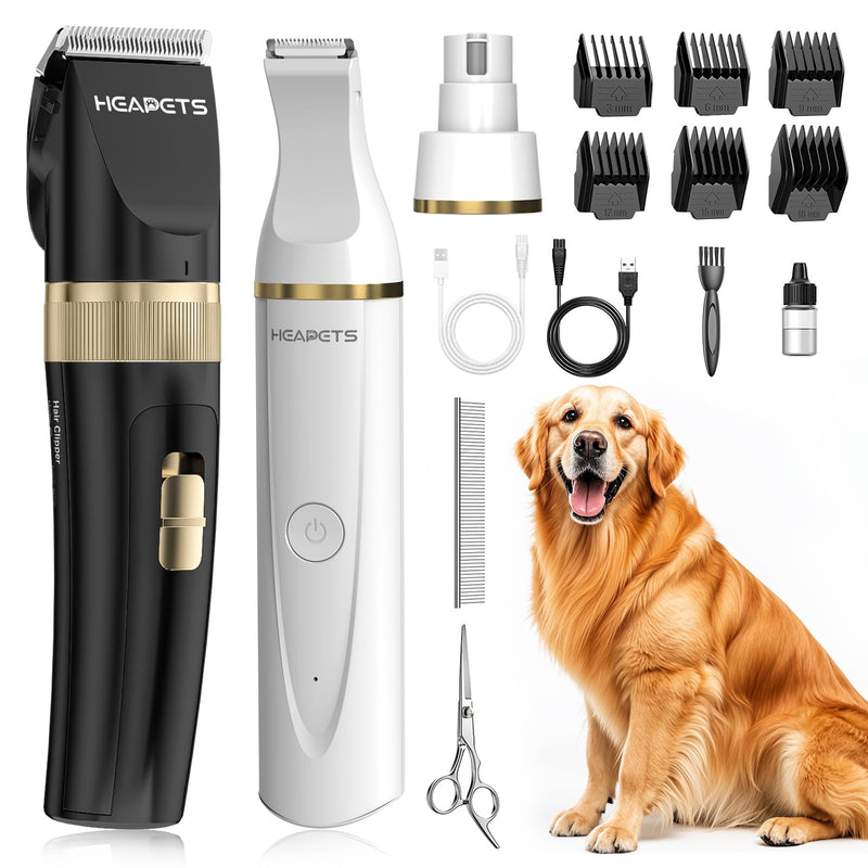 HEAPETS Dog Hair Clippers for Grooming Kit and Dog Paw Trimmer Nail Grinder for Grooming, Low Noise Rechargeable Cordless, Shaver Grooming Supplies for Pet Cats Dogs (Black, White) Black-white