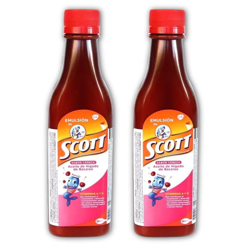 Emulsion de Scott Aceite de hígado de bacalao sabor Cereza - Pack de 2 de 6.1 fl oz - 180 ml - Suplemento dietético para niños con vitamina A y Calcio