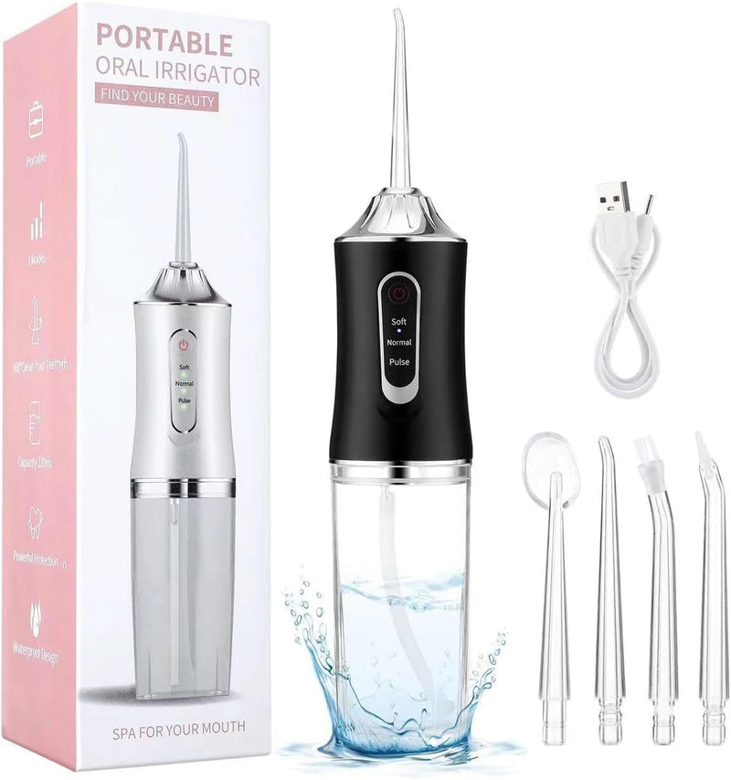 Water Dental Flosser Teeth Pick Portable Cordless Oral Irrigator Rechargeable Travel Irrigation Cleaner 3 Modes 4 Jets IPX7 Waterproof Electric (Black) Black