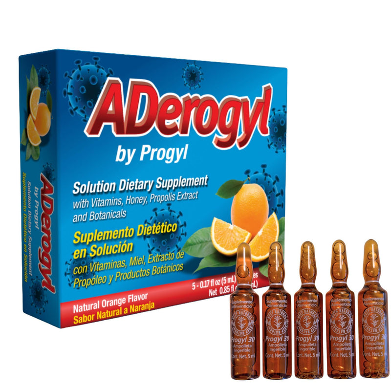 Aderogyl Oral Liquid Vitamins with A, C, D, E, Zinc, Bee Honey, Propolis, and Botanical Extracts with Orange Flavor - Immune Support Supplement - Includes 5 Ampoules