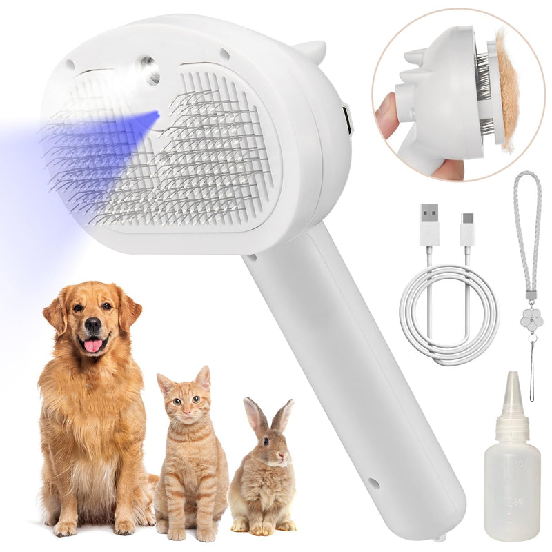 Pet Steam Hair Comb Brush for Shedding, 4 In 1 Spray Brush for Long & Short Haired Cat&Dog, Self-Cleaning Hair Remover with Water Tank And LED Blue Light, Release Button (White) White - BeesActive Australia