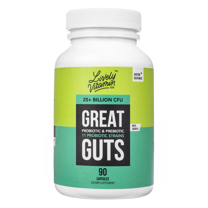 LIVELY VITAMIN CO. Great Guts Probiotic - 25 Billion CFU Probiotic - Balance Gut Microbiome, GI Tract, Inflammation, Indigestion, Reflux, Upset Stomach, & Diarrhea - 90 Caps 90 Count (Pack of 1)