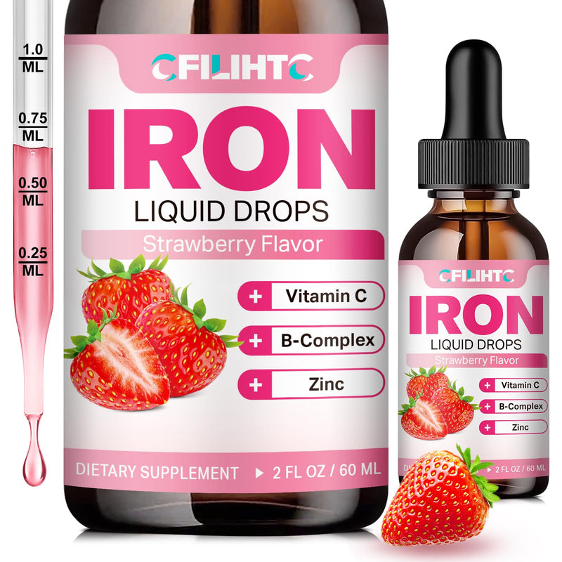 Liquid Iron Supplement for Women Men & Kids Multivitamin Iron Drops with Folate, Vitamin C, B6, B12, Zinc for Anemia, Iron Deficiency, Blood Builder, Energy - Natural Strawberry Flavor, Vegan 2 Fl Oz 2 Fl Oz (Pack of 1)