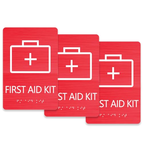 First Aid Kit Sign, ADA Compliant, Aluminum Composite Panel, Grade 2 Braille with Raised Tactile Letters, for Office, Schools, Restaurants & Public Facilities, 6" x 9"(3 Pcs) 3