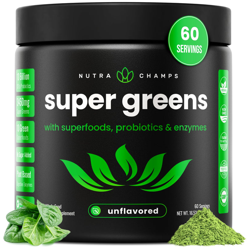 NutraChamps Super Greens Powder Premium Superfood | 20+ Organic Green Veggie Whole Foods | Alfalfa, Spirulina, Chlorella & More | Antioxidant, Digestive Enzyme & Probiotic Blends | Unflavored | 60 SVG 18 Ounce (Pack of 1)