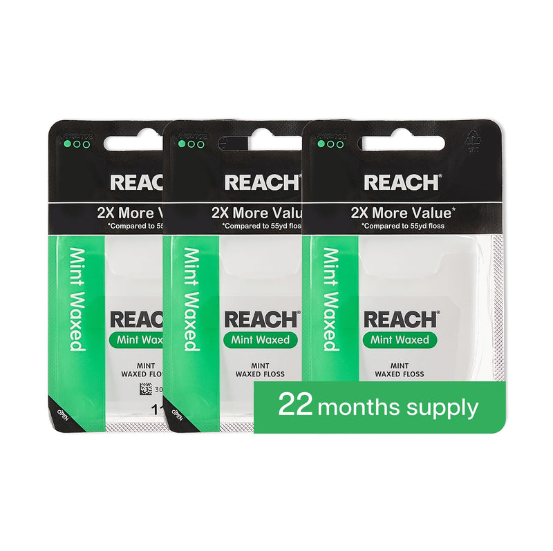 REACH Waxed Dental Floss, Mint, 2X More Value, Plaque Remover for Teeth, Shred Resistant, Floss Slides Smoothly, Easy to Use, Waxed, for Adults & Kids, Oral Care, PFAS Free, 3 Pack, 115 yd 345 Foot (Pack of 3)