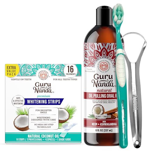 GuruNanda Ashwagandha Oil Pulling (8 Fl Oz) and Teeth Whitening Strips -16 Day Treatments - Enamel-Safe Teeth Whitening for Sensitive Teeth