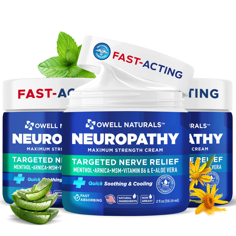 Owell Naturals Neuropathy Cream Extra Strength – Fast Absorbing Cooling for Leg, Feet & Hands – Advanced Soothing Formula with Aloe Vera, Arnica, MSM & Vitamin B6 – Made in USA, 2 fl oz (3 Pack) 2 Fl Oz (Pack of 3)