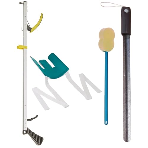 Cubii Health Hip Kit 6, Includes 24" Foam Handle Shoe Horn, 26" Economy Reacher, Flexible Sock & Stocking Aid, & Long Contoured Scrub Sponge, 4-Item Self-Care Pack for Those with Trouble Bending