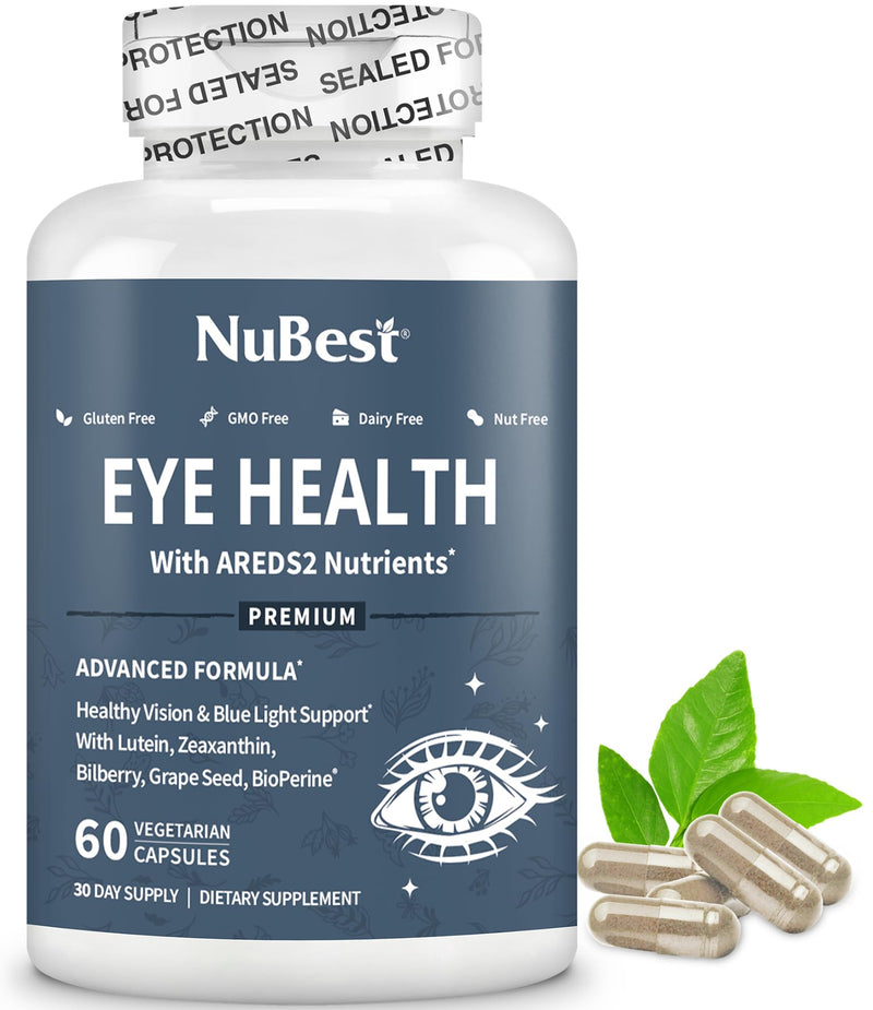 NuBest AREDS 2 Eye Vitamins with Beta Carotene Carrot Powder, 20mg Lutein, 4mg Zeaxanthin, Bilberry, Grape Seed, BioPerine, B-Complex, Multivitamin for Eye Health | 1 Month Supply 60 Count (Pack of 1)