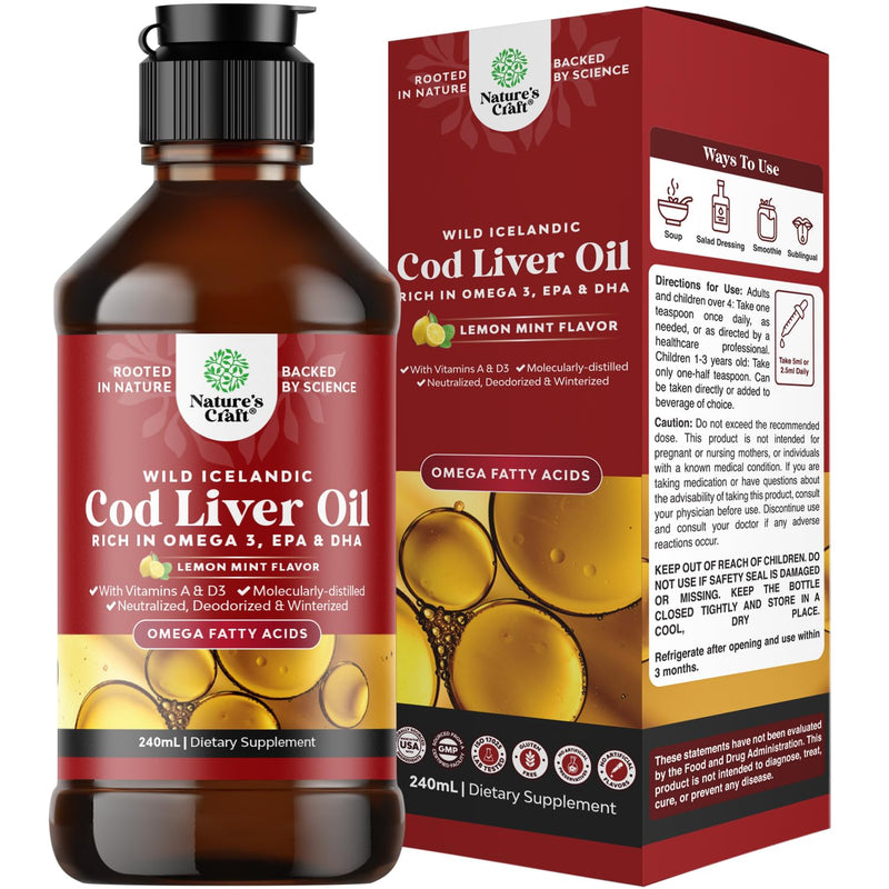 Icelandic Wild Caught Cod Liver Oil Liquid - Fish Oil Drops with Omega 3, EPA, DHA, Vitamin D & A - Liquid Cod Liver Supplement for Heart, Joint, Brain & Immune Support - 8 Fl Oz 240ml (Pack of 1)