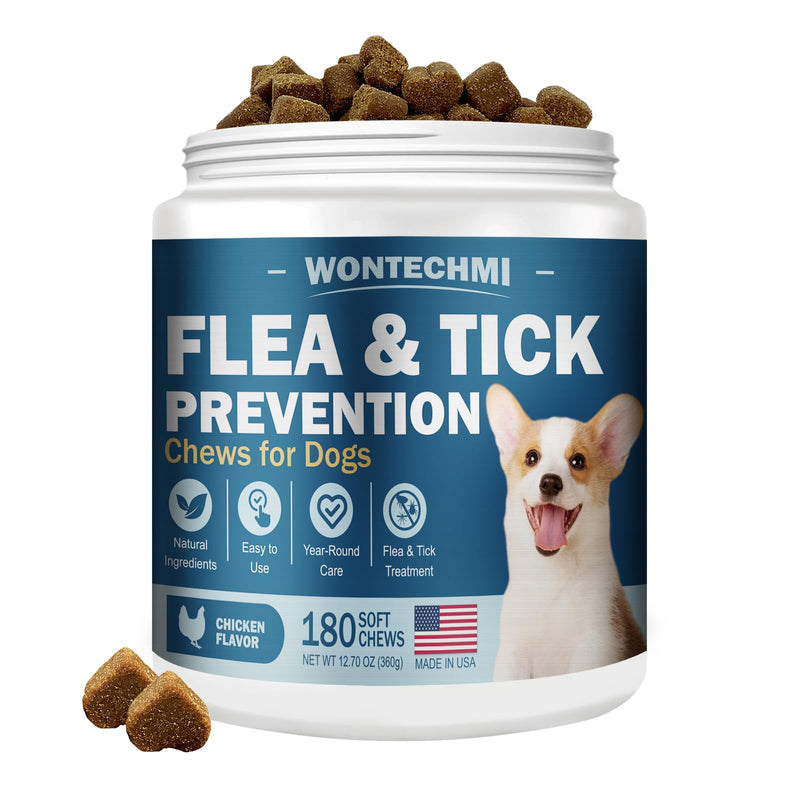 Flea and Tick Prevention for Dogs Chewables, 180 Chews Natural Chews Supplement for Dogs, Oral Dog Flea and Tick Treatment for All Breeds and Ages (180 Chews, Chicken)