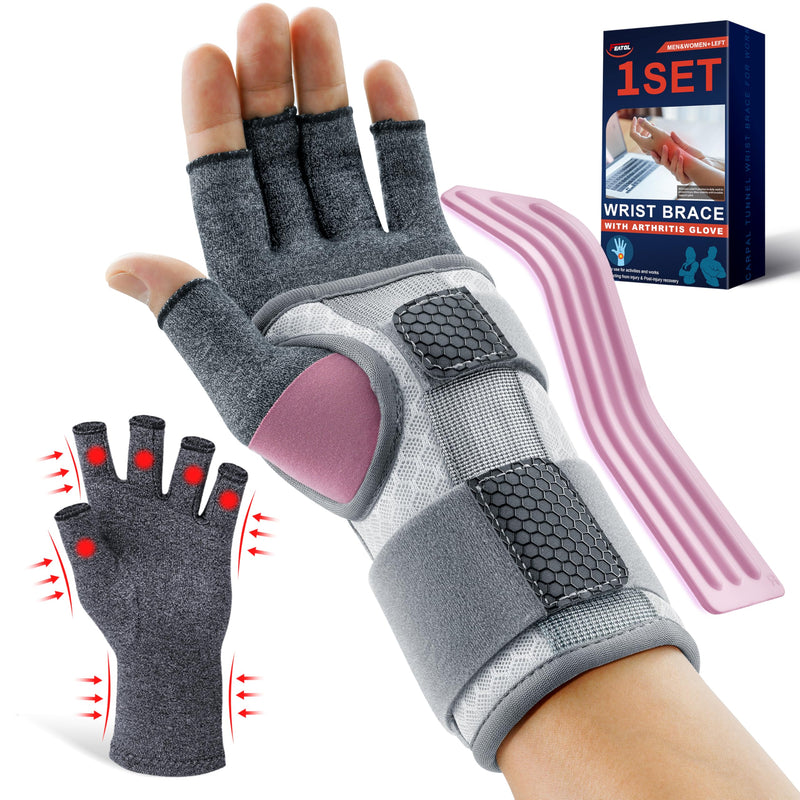 FEATOL Arthritis Glove for Women for Pain with Carpal Tunnel Wrist Brace Set - Fingerless Hand Compression Gloves - Daytime Wrist Support for Rheumatoid Arthritis, Work, Typing - Left Hand, Medium Left Hand-Gray - BeesActive Australia