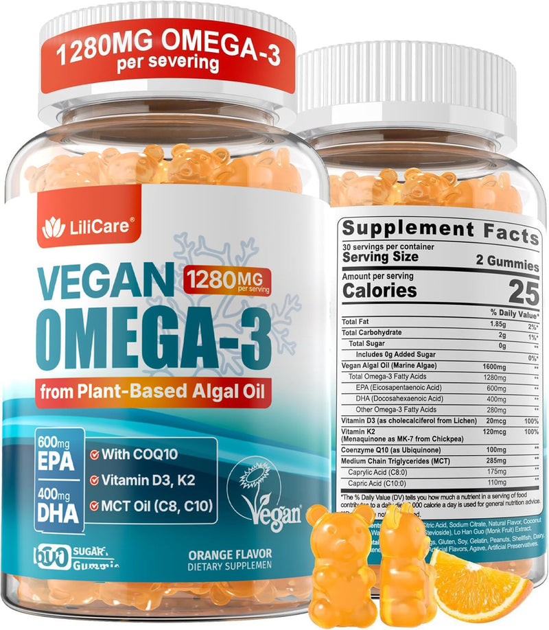Omega-3 Gummies + CoQ10 + D3 K2 (MK7) for Women Men, EPA 600mg & DHA 400mg | Omega 3 Fish Oil Alternative, No Fish Taste, Omega 3 Fatty Acids Supplements, for Brain, Eye, Immune, Sugar Free, 1 Pack 60 Count (Pack of 1)