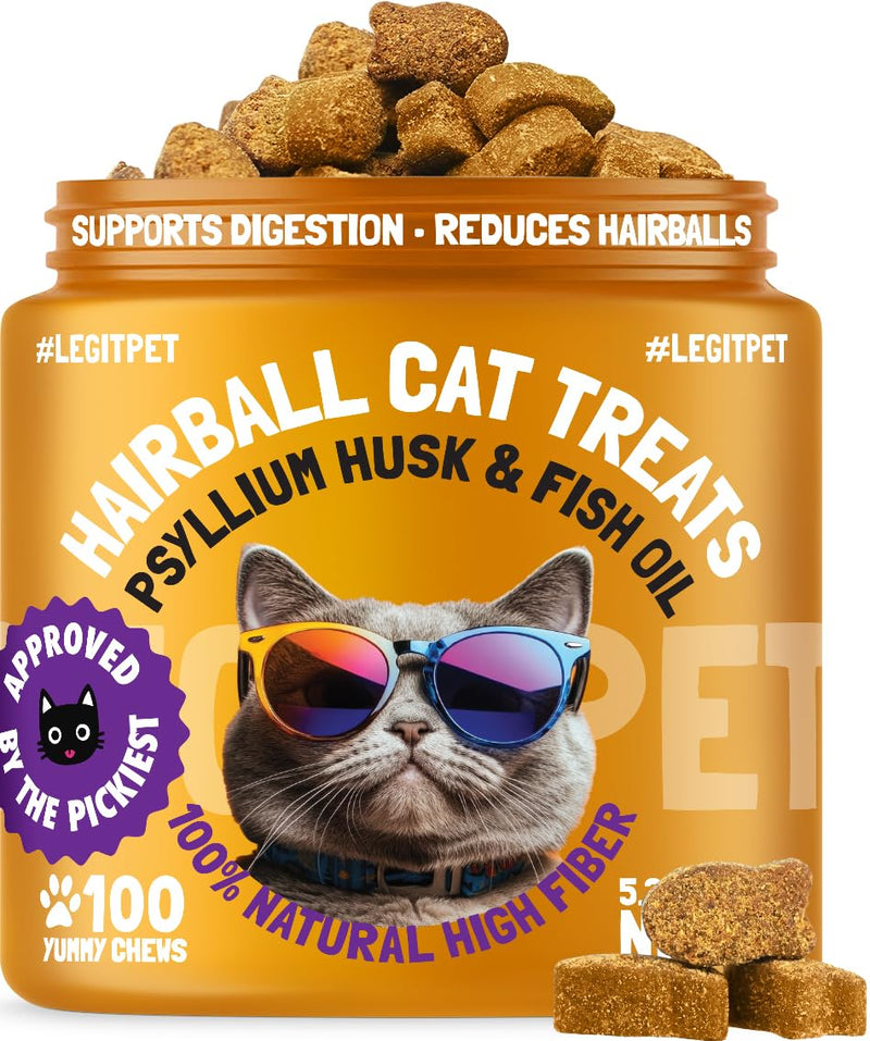 Hairball Treatment for Cats Natural Remedy with Apple Pomace, Psyllium Husk Omega 3 6 Fatty Acids Zinc Biotin Cat Supplement for Indoor Cats Promotes Healthy Digestion Furball Control 100 Yummy Chews Hairball 100