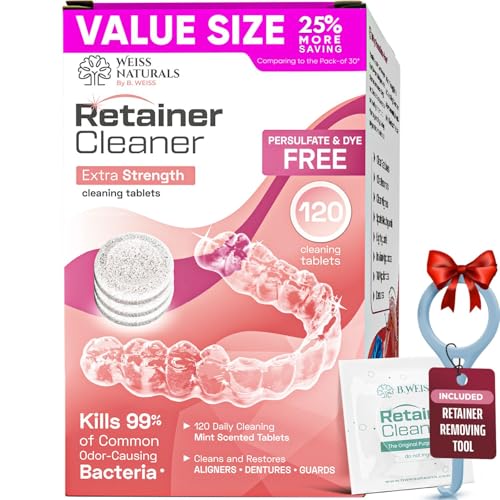 Weiss Naturals Dye-Free Retainer Cleaning Tablets, Invisalign Cleaner, Persulfate-Free Night Guard Cleaner, Removes Stains & Odor, MINT Scent, 120 Tablets (4-Month Supply) 120 Count (Pack of 1)