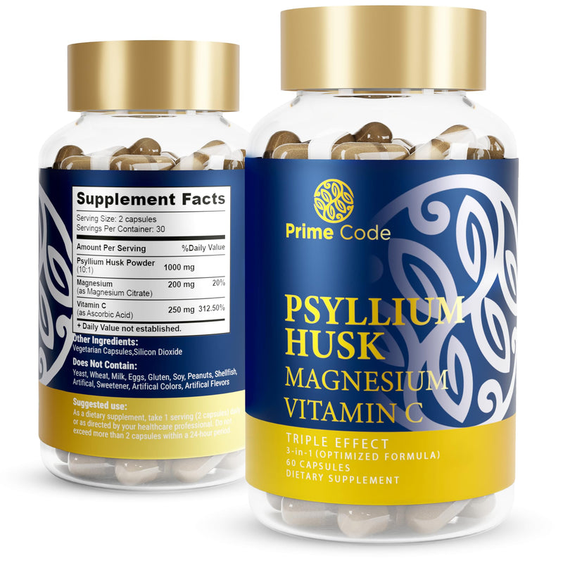 Prime Code [ 3 𝐢𝐧 𝟏] Psyllium Husk Capsules with Magnesium Citrate and Vitamin C | Psyllium Husk Capsules 1000mg | Magnesium Citrate 200mg | Vitamin C 250mg | Non-GMO | Gluten & Soy Free | Vegan