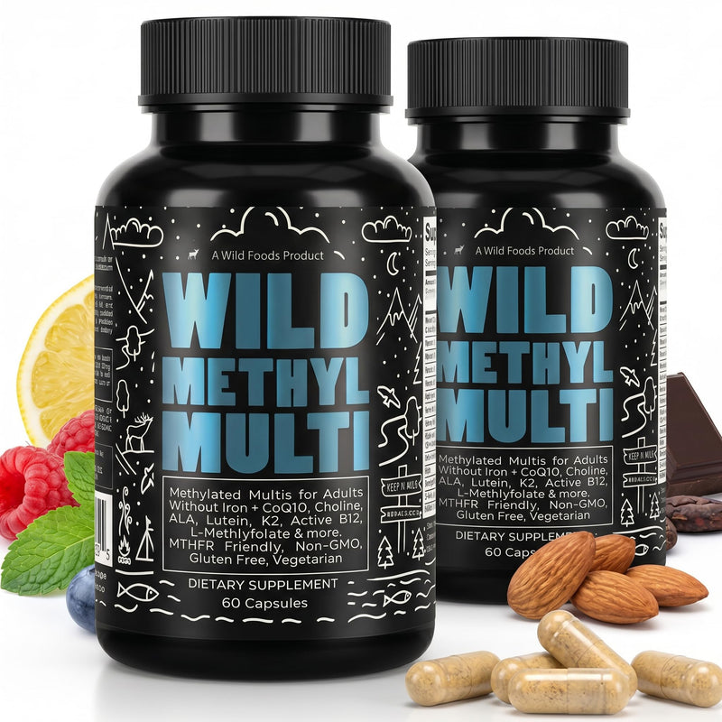 Wild Methylated Multivitamin for Men & Women, MTHFR Supplement 120 Capsules | Without Iron Methylated B12, Folate, Vitamin C, A, K2, D, E, Choline, Biotin, ALA, CoQ10, Non-GMO, Gluten Free, Vegetarian 60 Count (Pack of 2) Men/Women