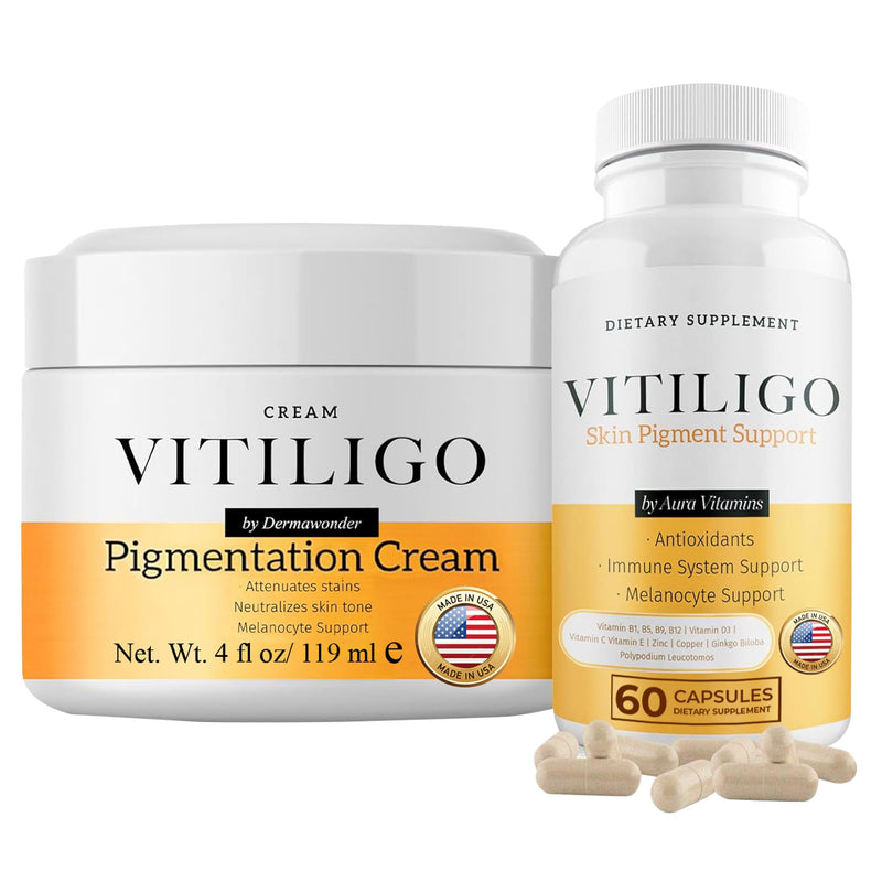 Dermawonder Vitiligo Supplement & Pigmentation Cream Set | 60 Vitiligo Capsules and 4fl Oz Cream | Reduce White Spots, Improve Skin Pigmentation & Neutralize Skin Tone | Natural Solution (1) 60 Count (Pack of 1), 4 Fl Oz (Pack of 1)
