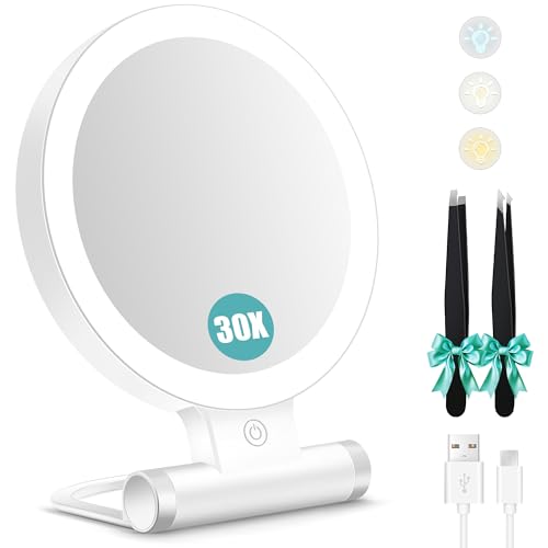 B Beauty Planet Magnifying Mirror with Light 30X, Double-Sided 1X/ 30X Magnifying Makeup Mirror with Tweezer, 2000mAh 3 Colour Modes with Adjustable Brightness,Foldable Travel Mirror(9" L x 7" W) White