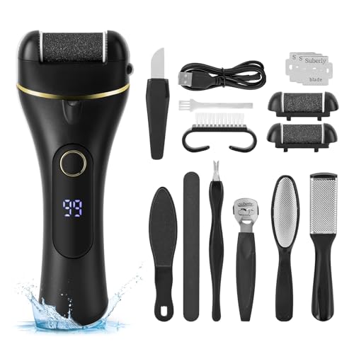VINGVO Electric Feet Callus Remover, Rechargeable IPX5 Foot Care Pedicure Kit, for Dead Skin&Cracked Heel, Electric Foot File Set with 3 Roller Heads (Black) Black