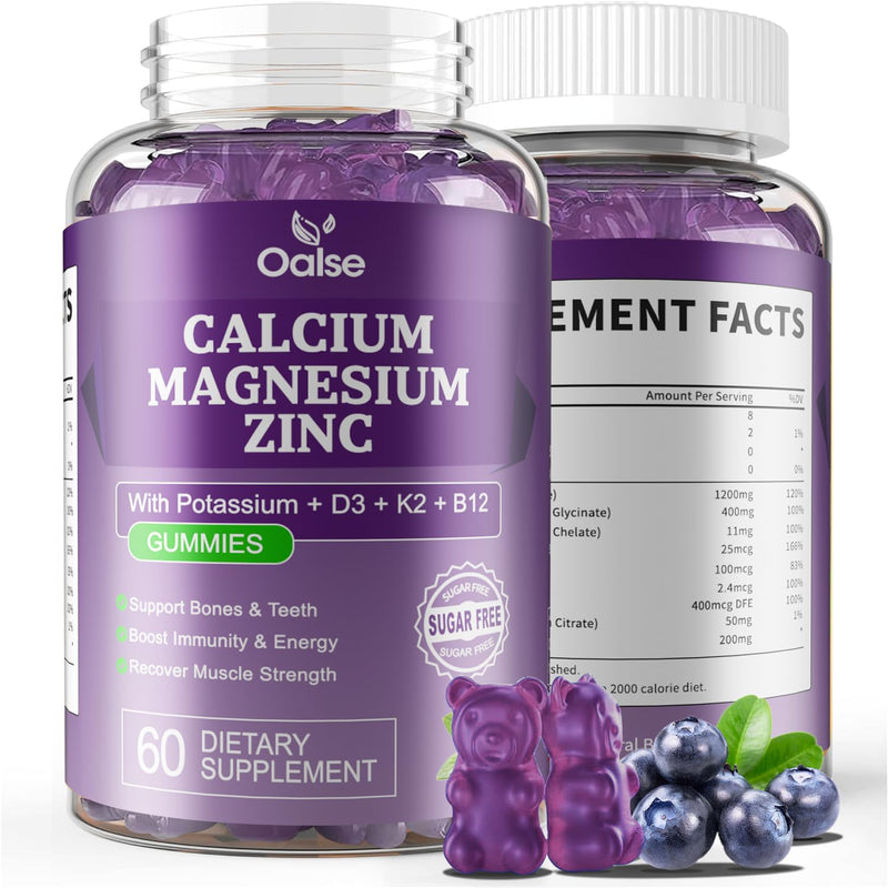 Calcium Magnesium Zinc Gummies with Vitamin D3 K2, Sugar Free Calcium Gummy | Calcium 1200 mg with Vitamin D3 for Muscles, Sleep Support, Calcium Citrate for Women Kids, Blueberry Flavor, 60 Count 60 Count (Pack of 1)