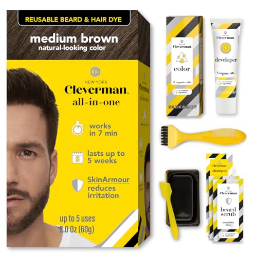 Reusable Hair & Beard Dye for Men – Medium Brown | Up to 5 Uses, 7 Minutes | Natural Gray Coverage, No-Drip Cream with SkinArmour – Cleverman 2 Ounce (Pack of 1)