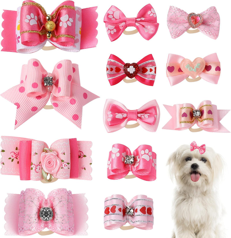 12Pcs Dog Hair Bows, Puppy Bows for Small Size Dog 1.8 Inch Cute Dog Bows Handmade Pink Dog Bows with Rubber Bands Rhinestones Small Dog Hair Accessories for Puppy Kitten Pet Hair Grooming Accessories - BeesActive Australia
