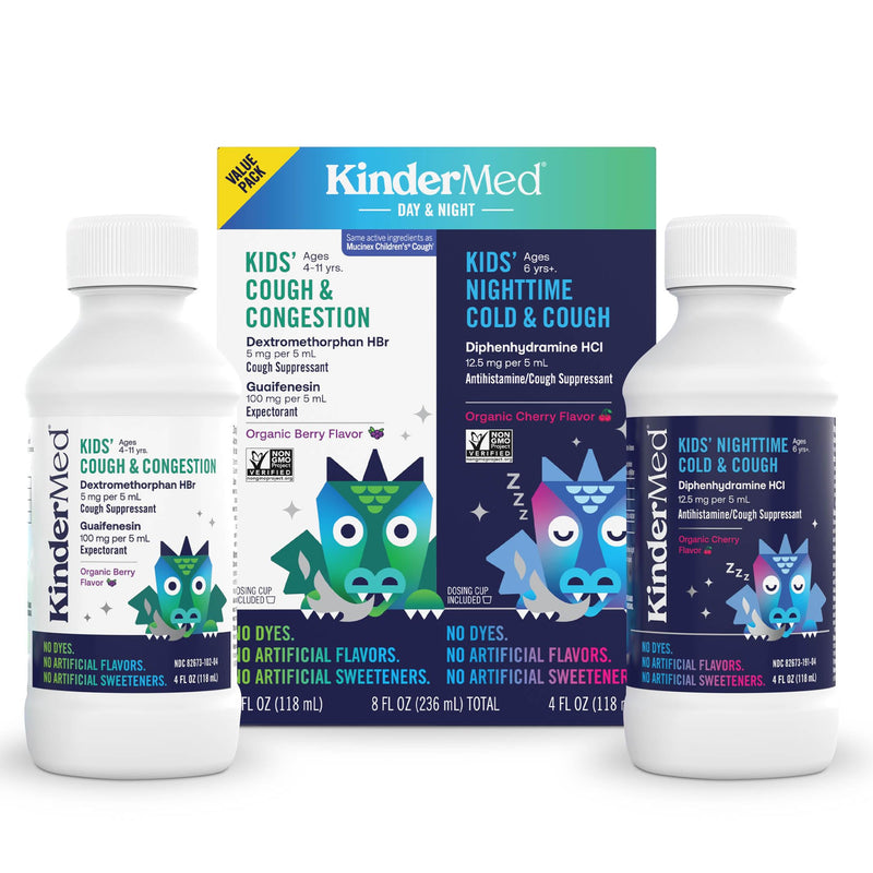KinderMed Kids' Cough Day & Night Value Pack - Cough & Congestion Relief and Nighttime Cold Relief - No Artificial Flavors or Sweeteners - No Dyes (Organic Berry Flavor, 4 Fl Oz) Berry, Cherry