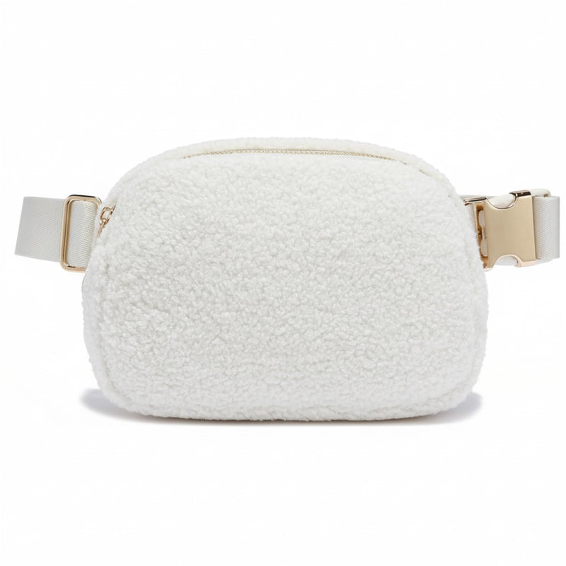 FORZAROCKET Plus Size Sherpa Fanny Pack | XL Extended Strap 70" | Gold Hardware | Women Fleece Crossbody Belt Bag White Cream Sherpa