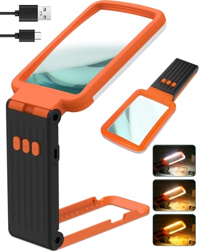 15X Magnifying Glass with Light and Stand, Rechargeable Folding Handheld Real Glass Magnifier, 3 Color Modes Dimmable Lighted Page Magnifier for Reading Small Prints, Seniors with Macular Degeneration Orange-back 15X