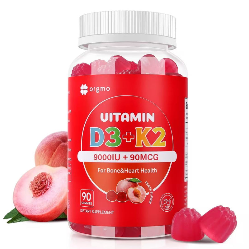Vitamin D3 K2 Supplement Gummies for Adult, High Dose 9000 IU | Ingredient Tested, Vegan Sugar Free, Bone & Heart Support, Peach Flavor ,90 Count 90 Count (Pack of 1)