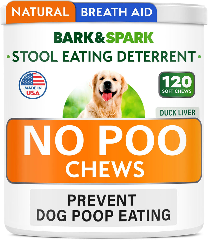 BARK&SPARK No Poo Chews for Dogs - Coprophagia & Stool Eating Deterrent with Probiotics, Digestive Enzymes & Breath Aid Support - Stop Dog Poop Eating - Made in USA - 120 Soft Chews - Duck Liver No Poo - 120 Chews - BeesActive Australia