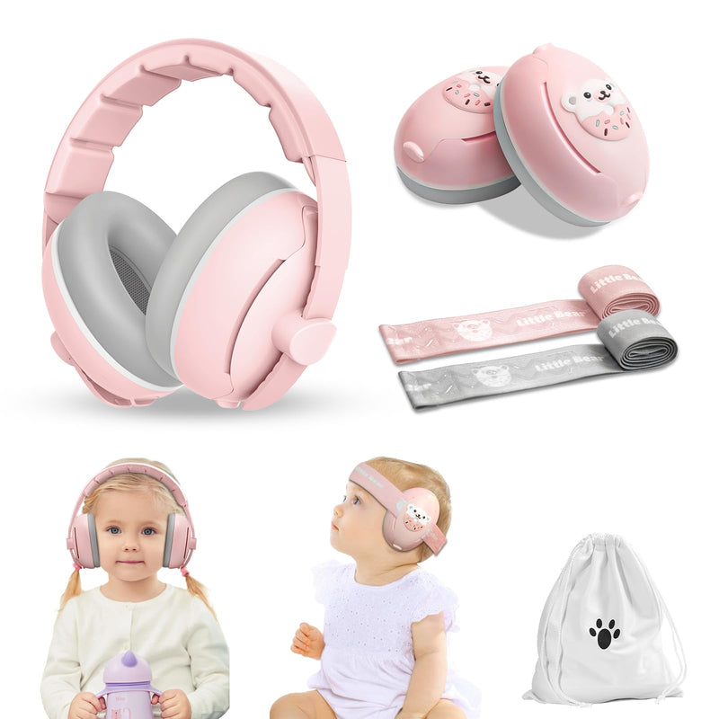 Baby Ear Muffs, 2-in-1 Baby Noise Canceling Headphone, Hearing Protection for Babies 0-48 Months, Adjustable Headband Pink