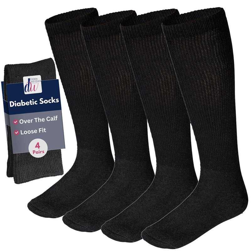 Debra Weitzner Diabetic Socks for Men and Women Over the Calf Knee High Cotton Socks Loose Fit 4 Pairs Black 10-13