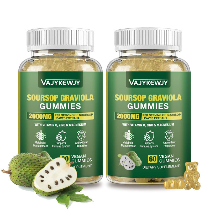 2 Pack Soursop Graviola Gummies - 2000mg Extra Strength Soursop Leaves Extract, Vitamin C, Zinc & Whole Natural Food for Immunity, Vegan, 120 Gummies 2pack