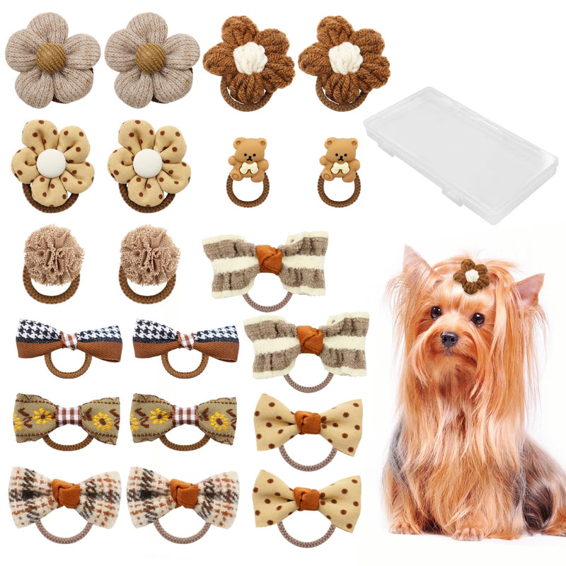 20 Pcs Dog Hair Bows for Small Dogs Cute Dog Bows with Rubber Bands Elastic Handmade Puppy Dog Bowknot Hair Bow Bulk Grooming Flower Ball Bows Topknot for Pet Hair Accessories (Brown) Brown - BeesActive Australia