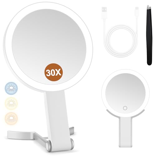 MIYADIVA Travel Makeup Mirror with Lights, Height Adjustable 30X/1X Double-Sided Magnifying Mirror, Portable Vanity Mirror with Tweezers, Handheld Tabletop Hanging, White